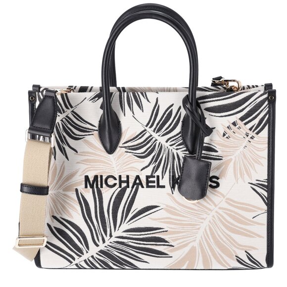 Michael Kors Mirella Medium East West Tote Black Multi Palm Tree Leaves - Picture 2 of 2